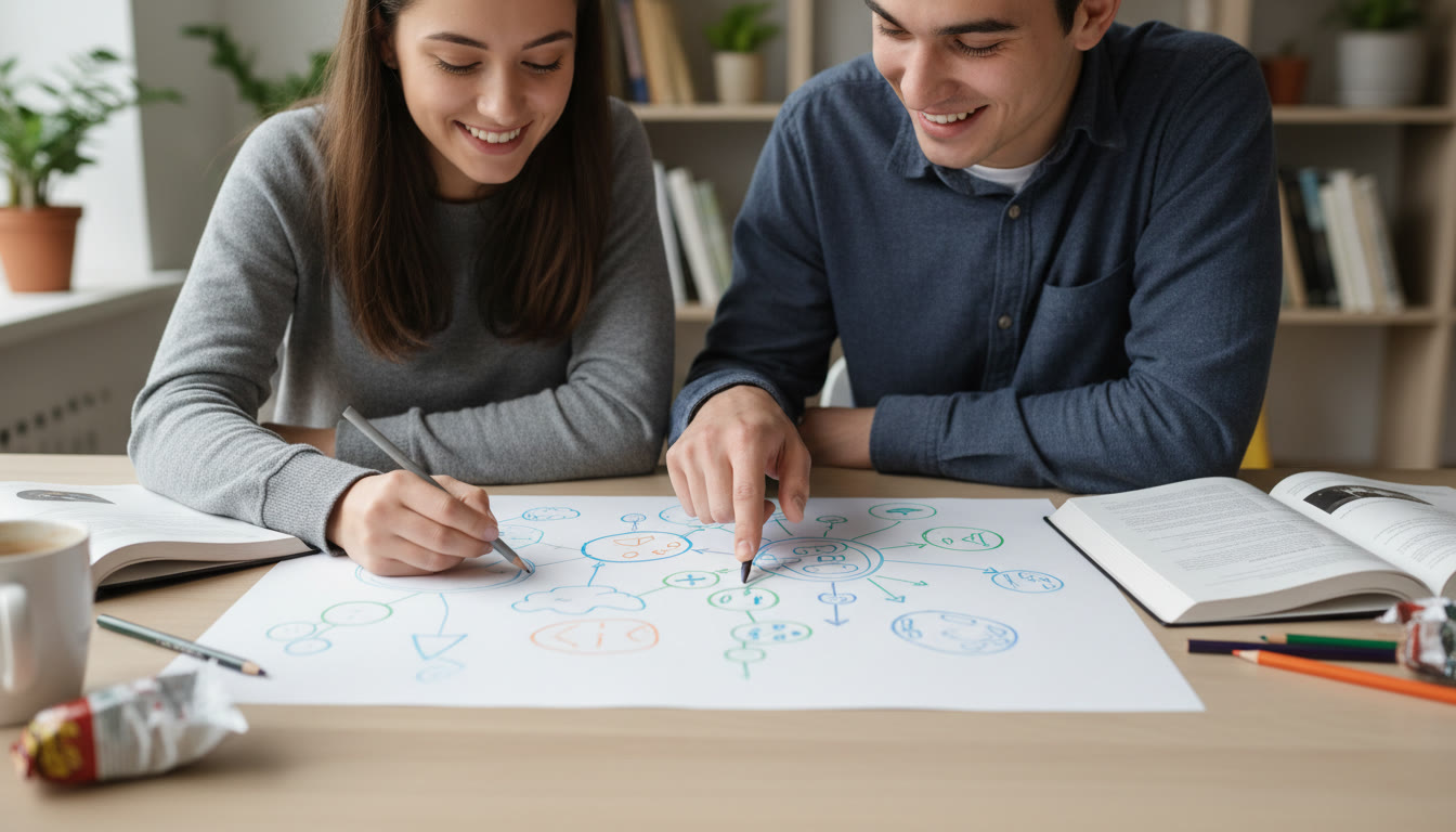 Photo Idea : Close-up of two students sketching a mind map of a TOK question on a large sheet of paper