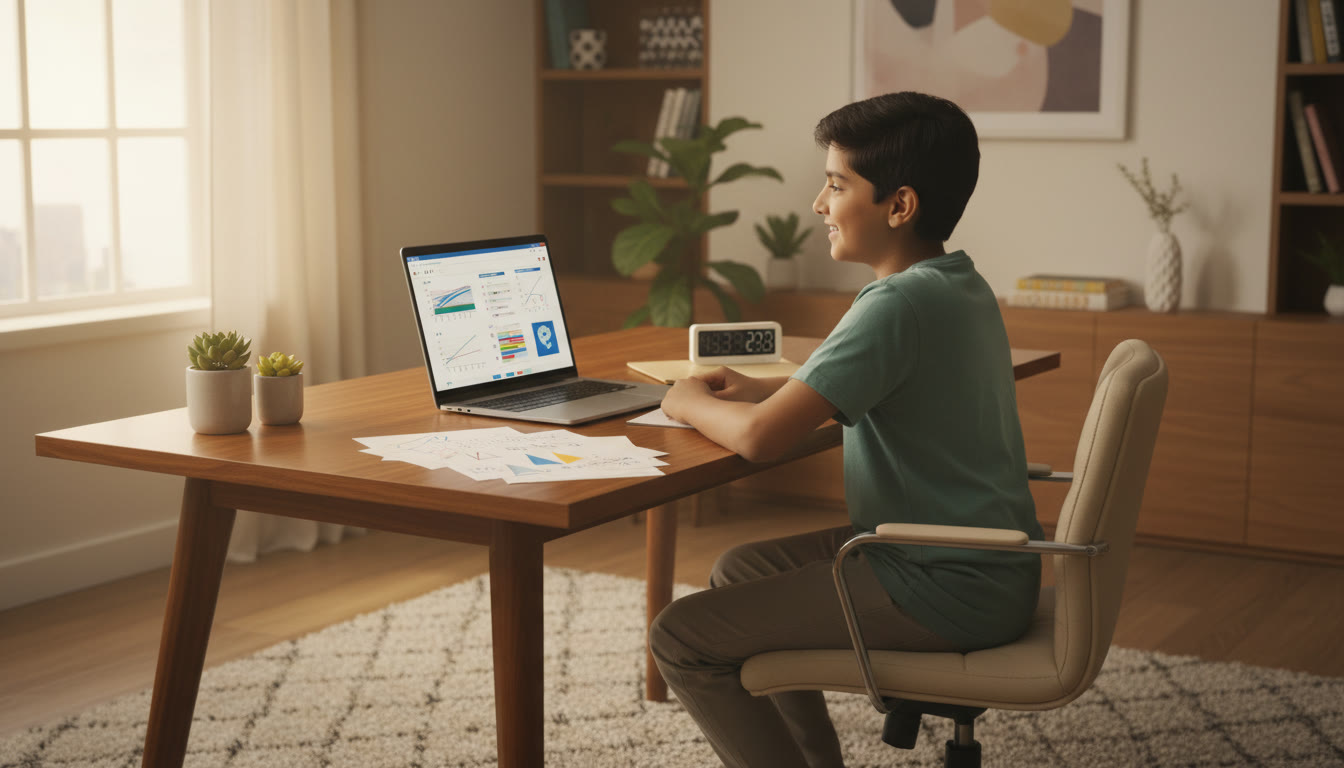 Photo Idea : A focused student at a desk with a laptop showing a mock test, paper notes, and a timer