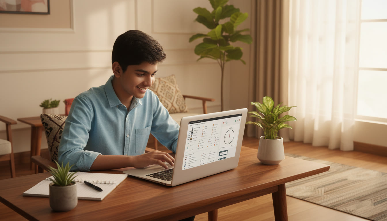 Photo Idea : Student taking a timed full-length mock on a laptop at a tidy desk with a notebook and a pen