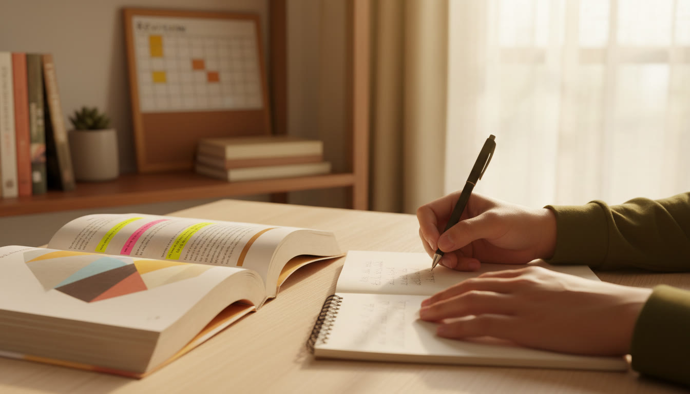 Photo Idea : Close-up of hands writing notes from a textbook with a highlighted page and a revision timetable in the background.
