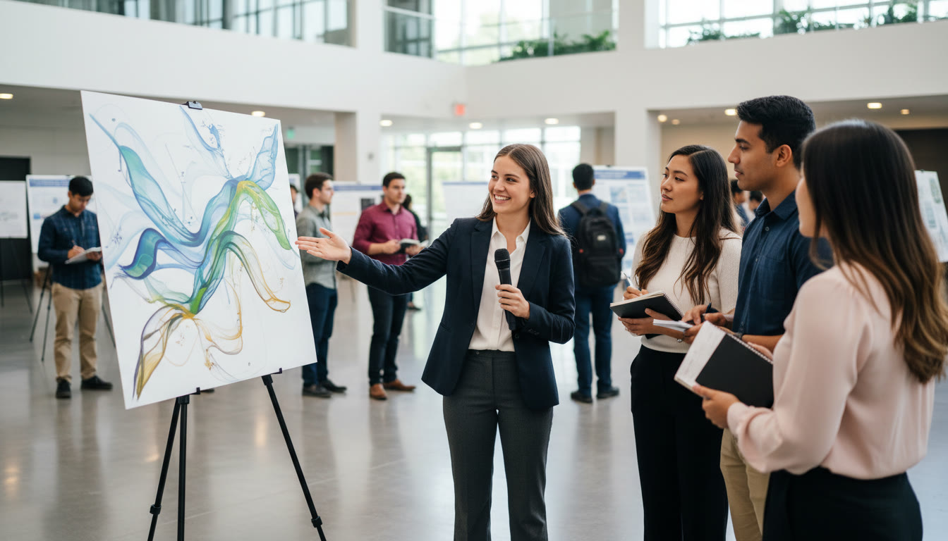 Photo Idea : Student presenting a research poster in a university-style poster session