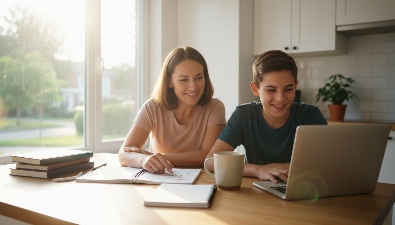 Photo Idea : Parent and teen planning at a sunlit kitchen table with notebooks, a laptop, and a mug of tea