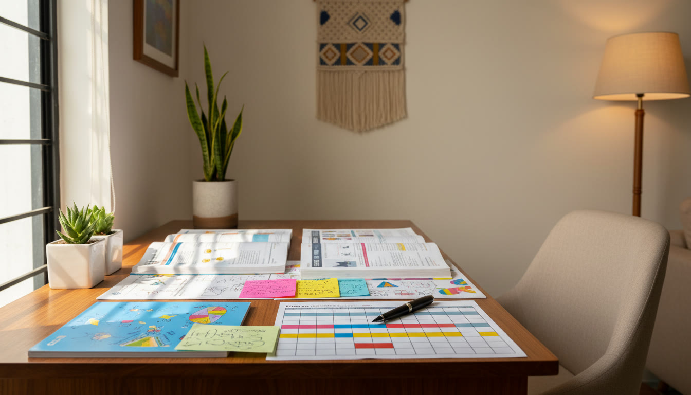Photo Idea : a tidy study desk with open textbooks, colorful notes, and a pen placed on a timetable