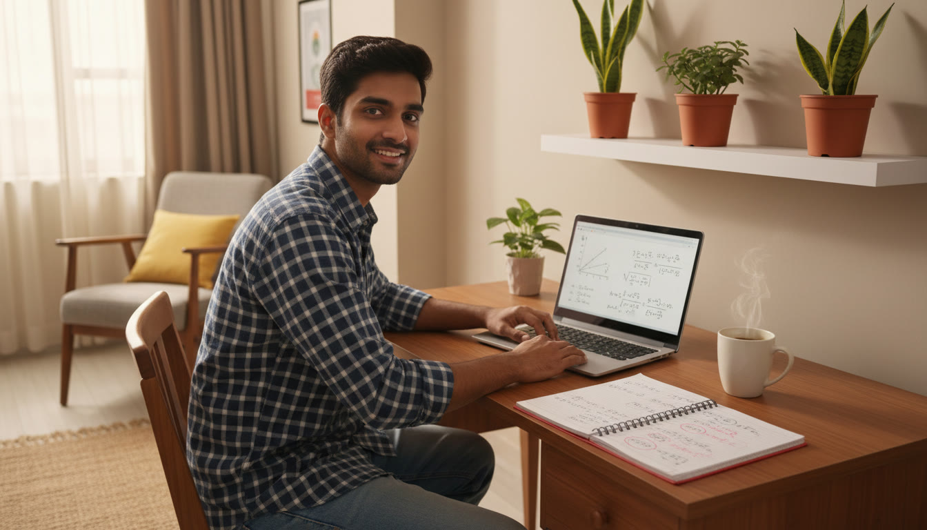 Photo Idea : A determined student at a tidy study desk with a laptop showing a practice test, a notebook with corrections, and a cup of coffee