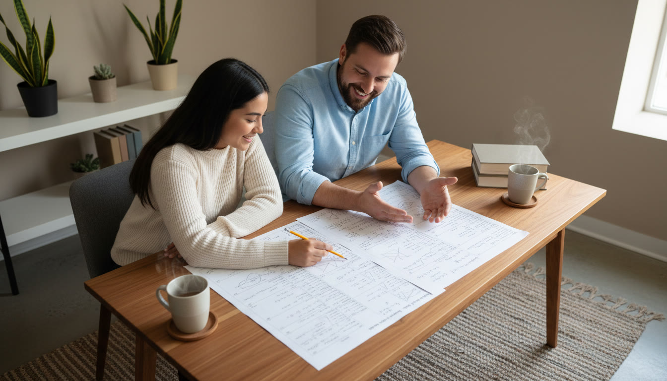 Photo Idea : A student and a tutor leaning over a desk, reviewing a full-length mock paper together