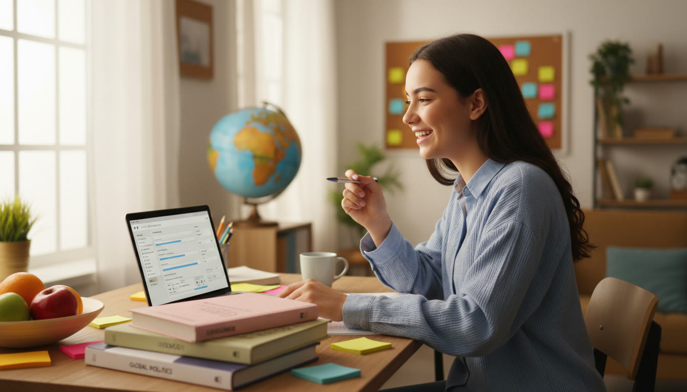 Photo Idea : Student at desk with IB textbooks, laptop open to UCAS form, and sticky notes