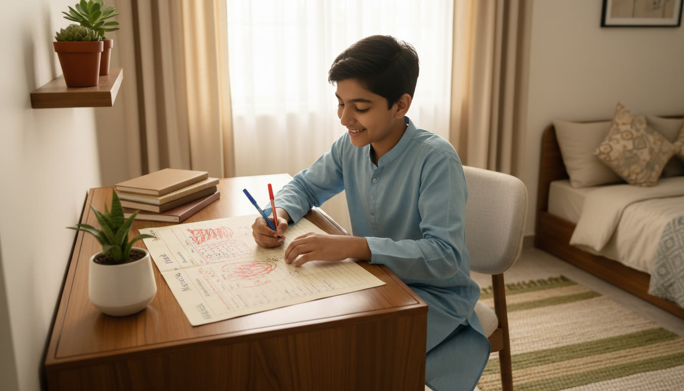 Photo Idea : A focused student at a study desk with a marked mock test, colored pens, and neat correction notes