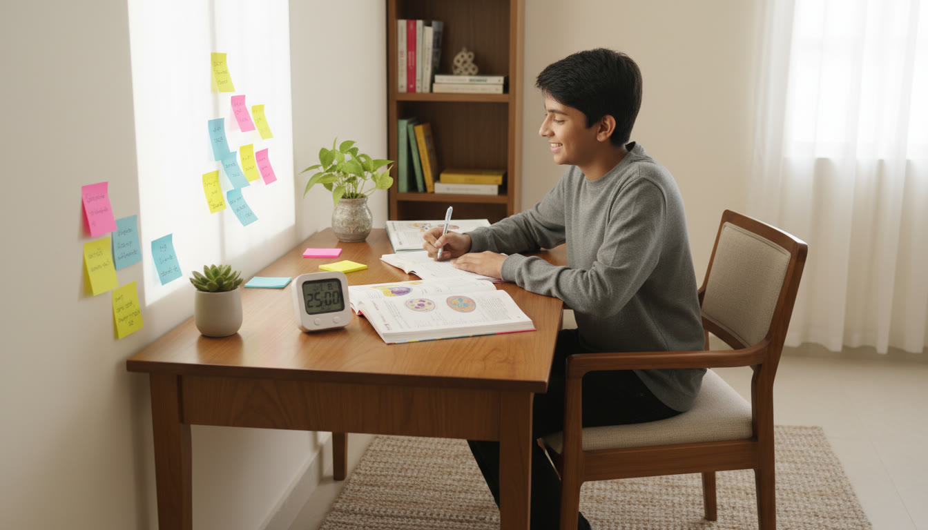 Photo Idea : Student at a tidy desk with textbooks, colorful sticky notes, and a timer while revising science