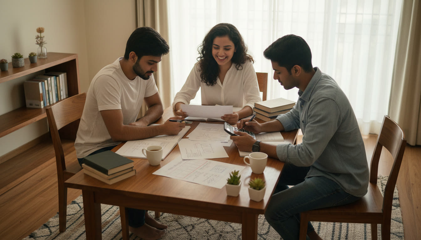 Photo Idea : Small study group analyzing mock test printouts around a table