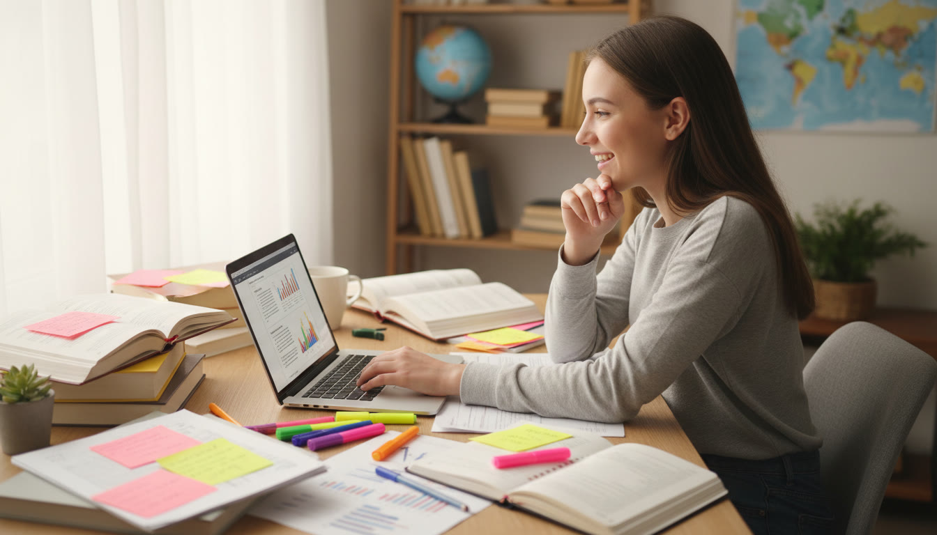 Photo Idea : Student at a desk editing their extended essay on a laptop, surrounded by highlighters and printed notes