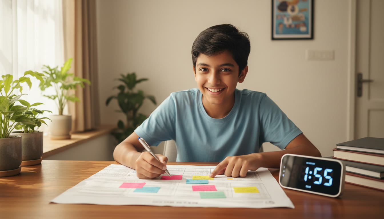 Photo Idea : a student analyzing a mock test printout with a timer and colored error sticky notes