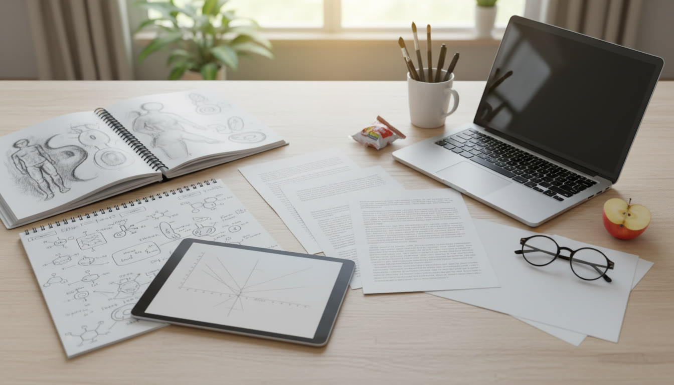 Photo Idea : A student portfolio spread with sketches, lab notes and typed essays on a table