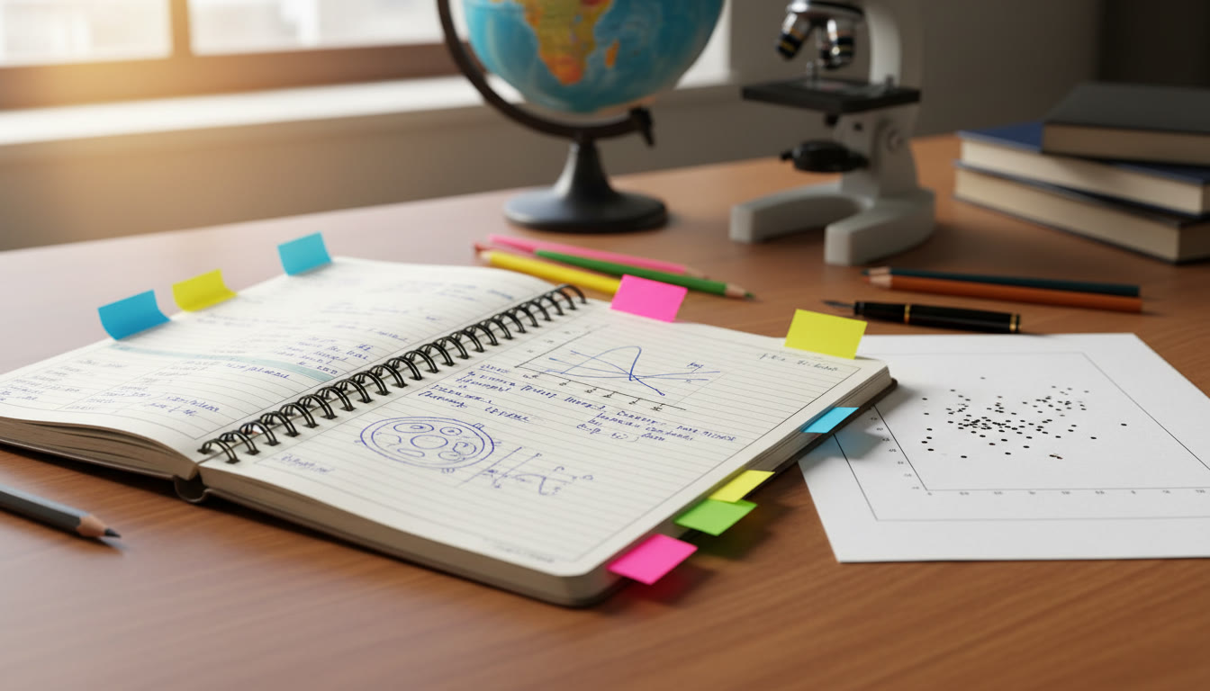 Photo Idea : Close-up of an open lab notebook with neat entries, a printed chart, and color-coded sticky tabs