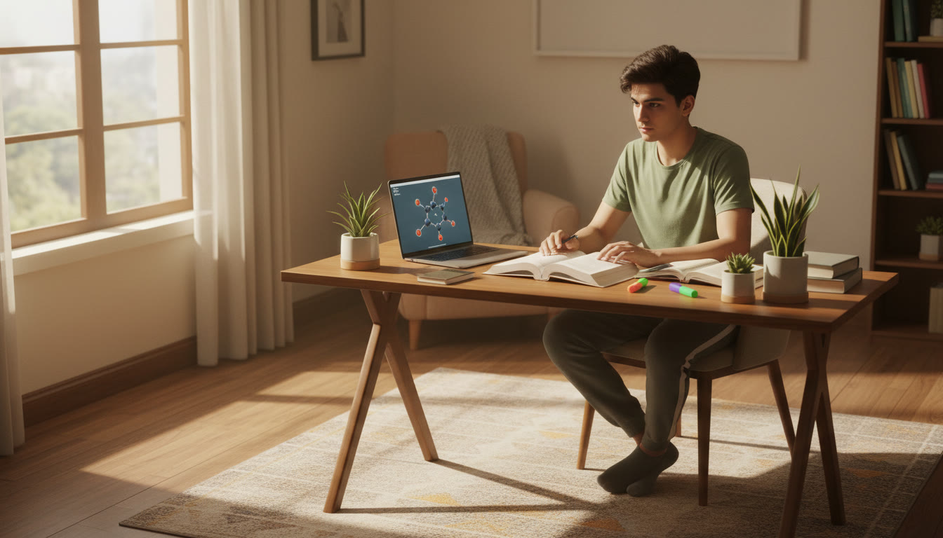 Photo Idea : Student studying with focused expression at a desk, soft morning light, books and a laptop open