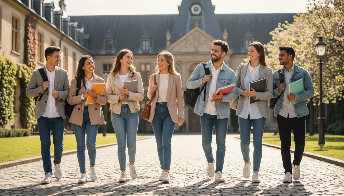 Photo Idea : A diverse group of IB students walking across a European university campus, carrying backpacks and smiling