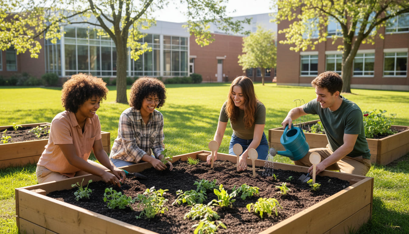 Photo Idea : Students planting a small raised garden bed with labeled plant markers