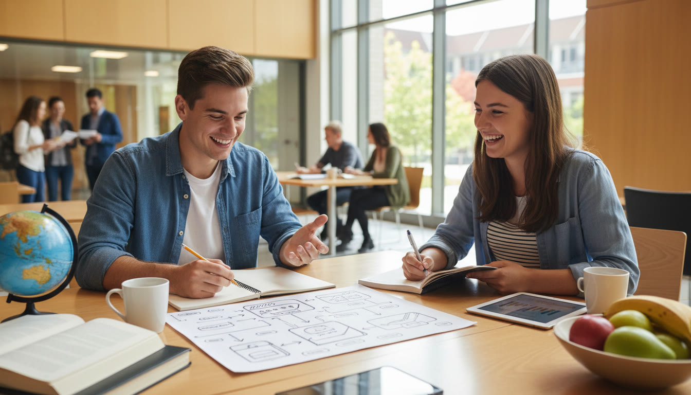 Photo Idea : two students seated at a table, one sketching a product idea and the other taking notes in a counselling session