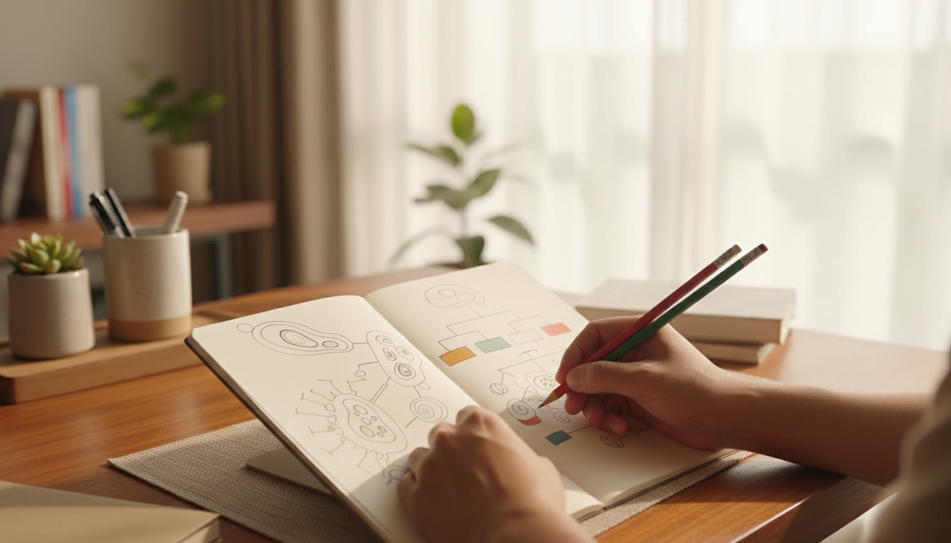 Photo Idea : Close-up of hands sketching cellular diagrams, labeled flowcharts, and colour-coded notes