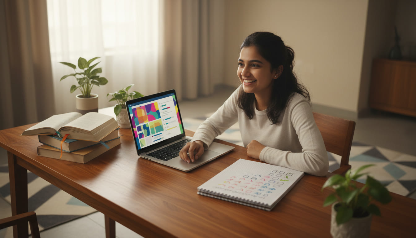 Photo Idea : A focused student at a desk with textbooks, a laptop showing a practice test, and a visible checklist of topics to review