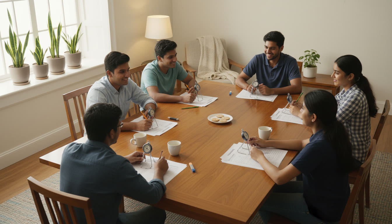 Photo Idea : A group of students sitting for a timed mock test with stopwatches and answer sheets