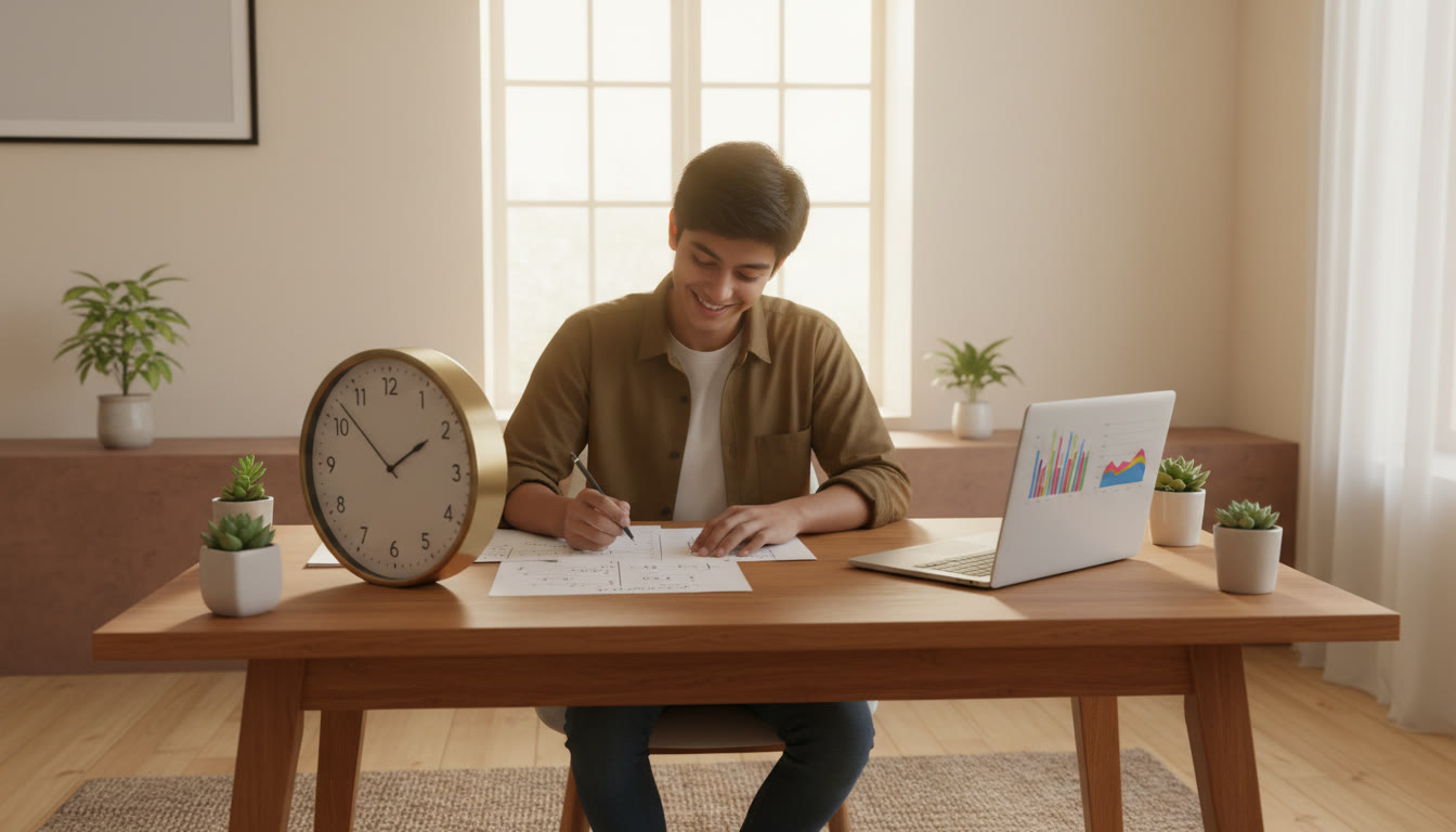 Photo Idea : A focused student at a desk with a clock, mock test paper, and a laptop showing analytics.