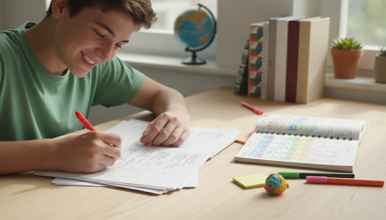 Photo Idea : a student marking a printed past paper with notes and a colourful error log beside them