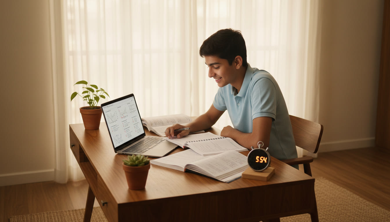 Photo Idea : A focused student at a desk with notebooks, laptop showing practice questions, and a visible stopwatch