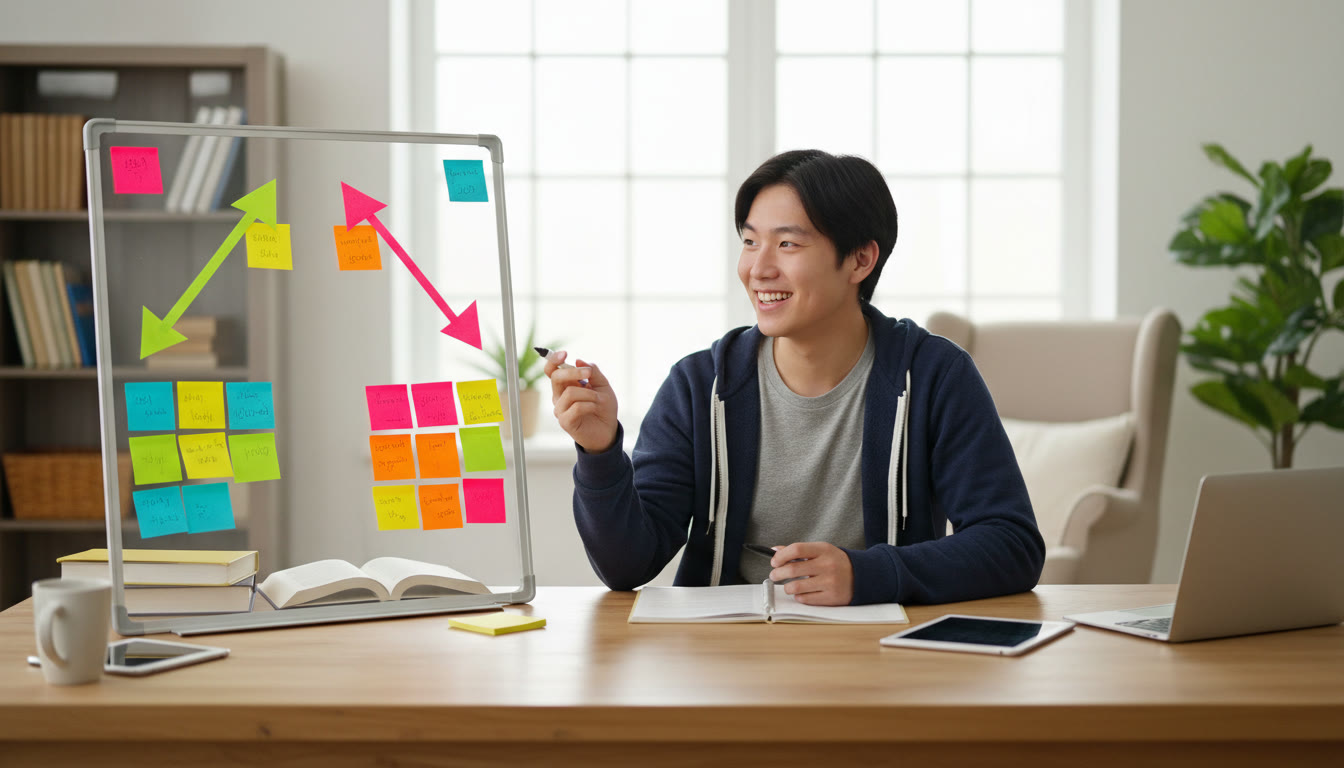 Photo Idea : Student at desk mapping strengths and weaknesses on a whiteboard with colorful sticky notes