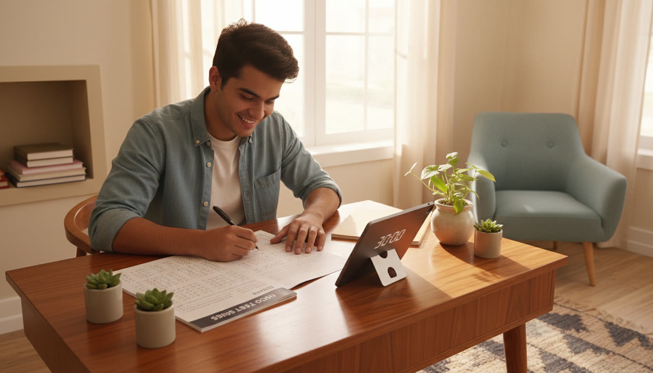 Photo Idea : Student taking a timed mock test with pen filling OMR sheet
