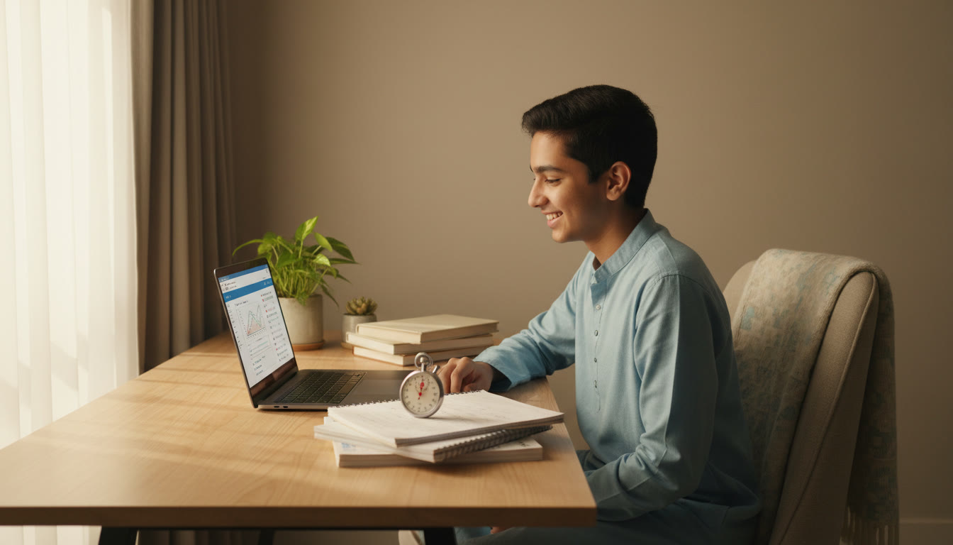 Photo Idea : Student at desk taking a timed mock test on a laptop with notes and a stopwatch