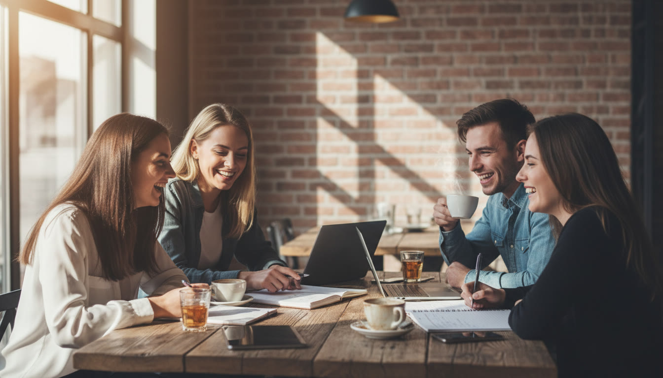 Photo Idea : a small group of students around a table with notebooks, laptops, and hot drinks, smiling and planning