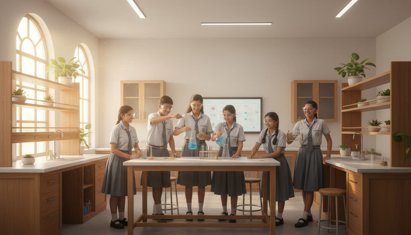 Photo Idea : A group of high-school students in a bright science laboratory, wearing safety goggles and conducting an experiment together