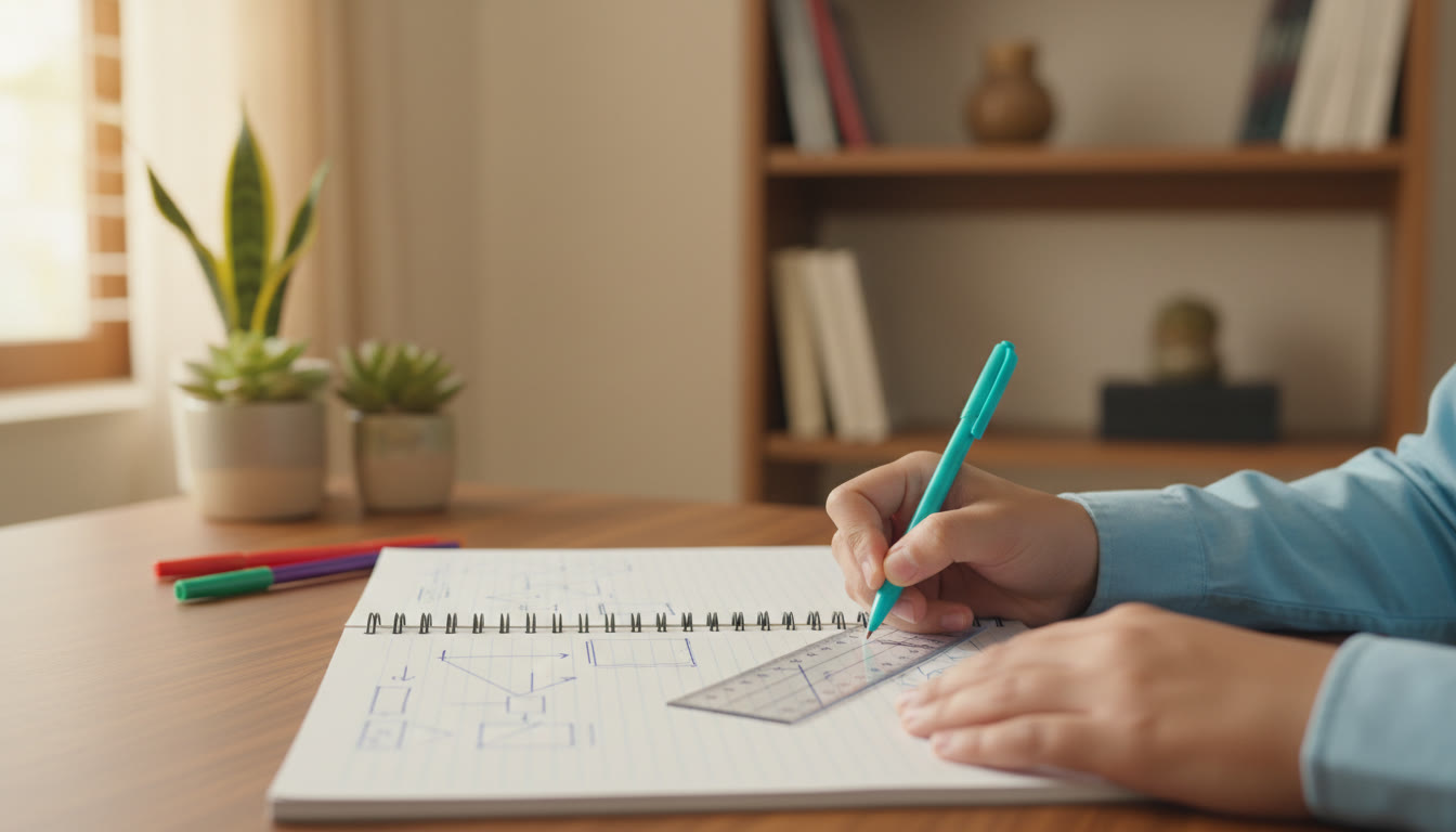 Photo Idea : [Close-up of a student writing a clean, labeled diagram with a ruler and colored pens]
