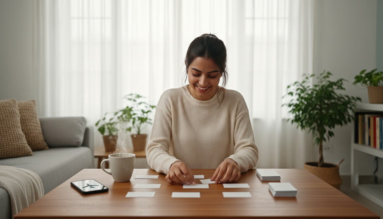 Photo Idea : student grouping flashcards on a table with a cup of tea and a phone on airplane mode