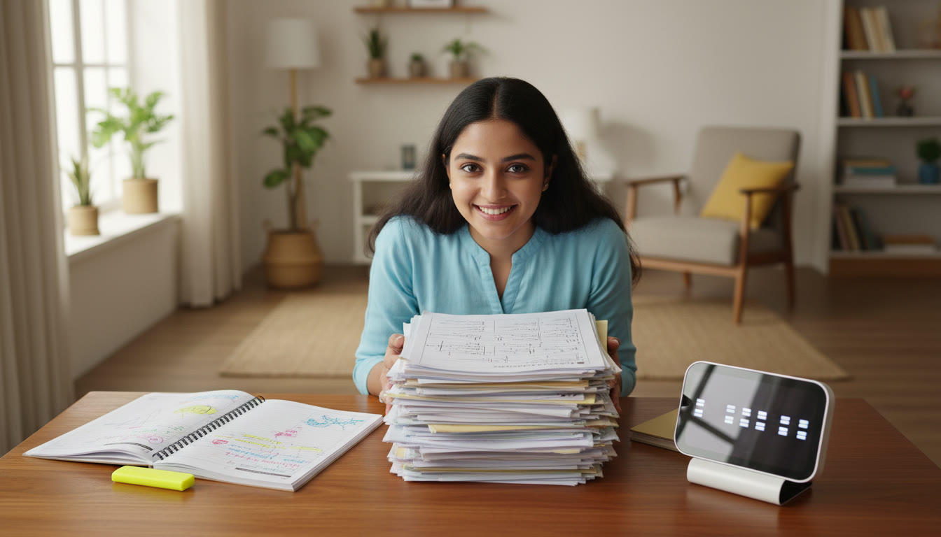 Photo Idea : Student at a desk studying a pile of previous-year question papers with notebook, highlighter and a digital timer nearby.