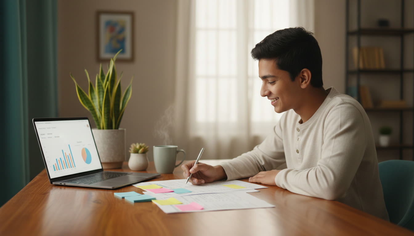 Photo Idea : A student analyzing a mock test paper with colored sticky notes and a laptop showing performance metrics