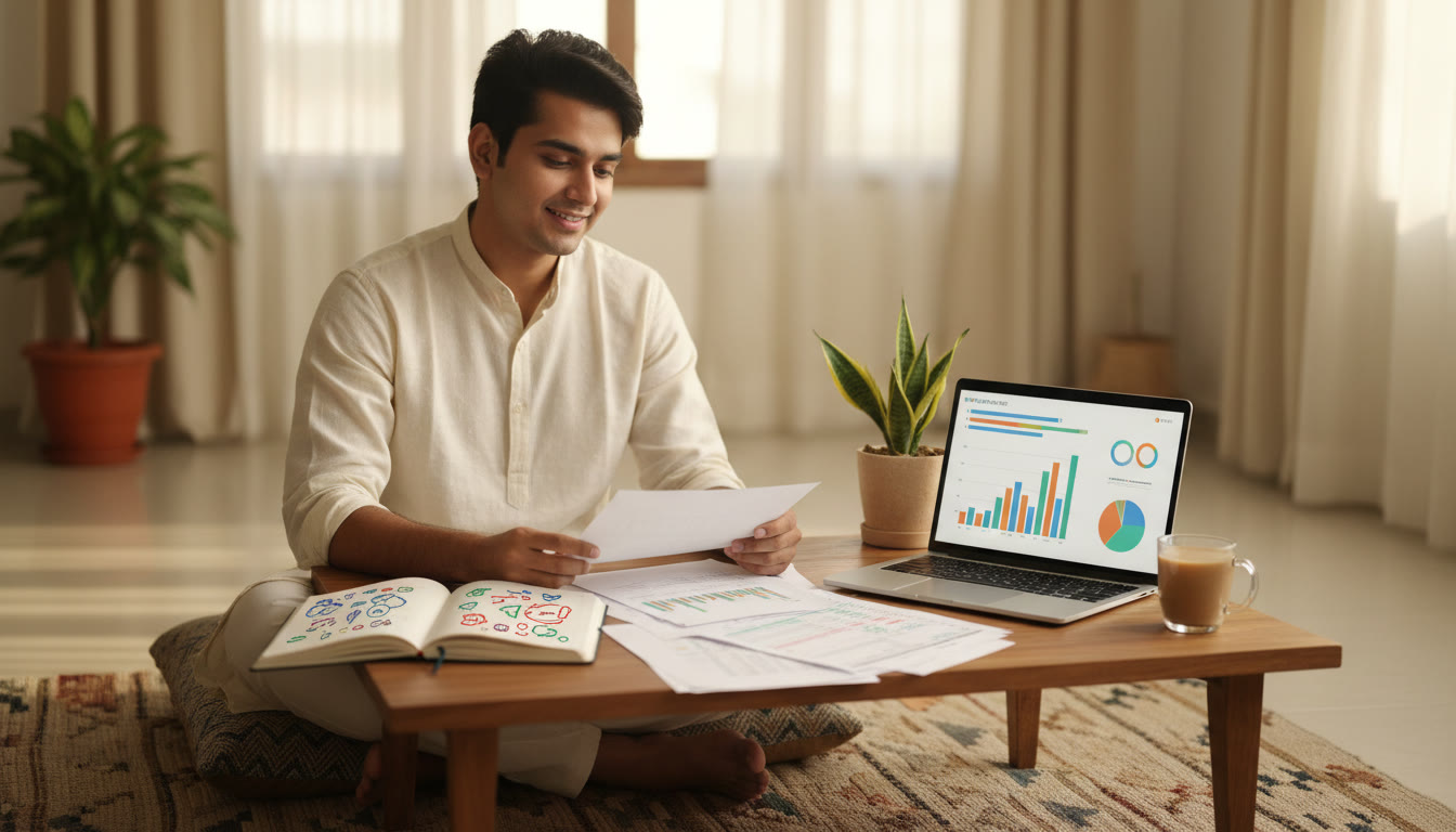 Photo Idea : A student reviewing an answer sheet with a color-coded error log and a laptop showing a mock test analysis