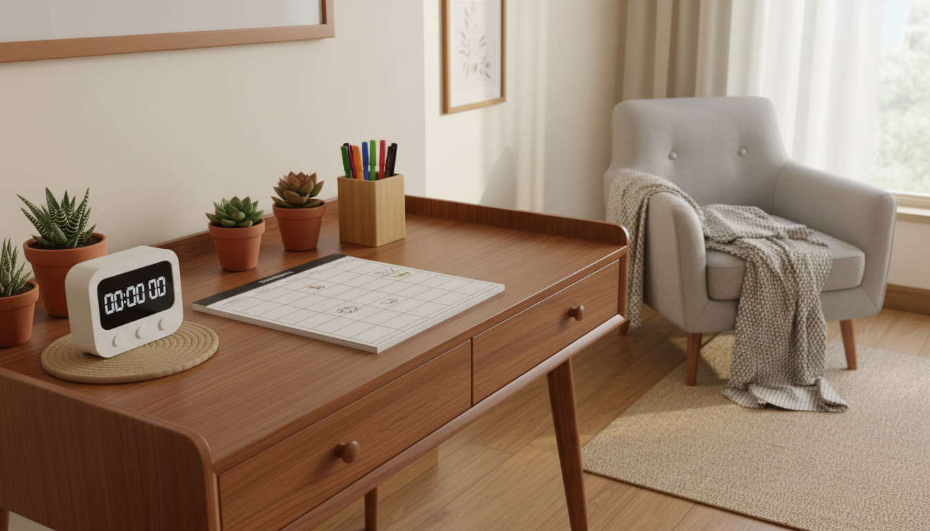 Photo Idea : A tidy study desk with a weekly planner, colored pens, and a timer