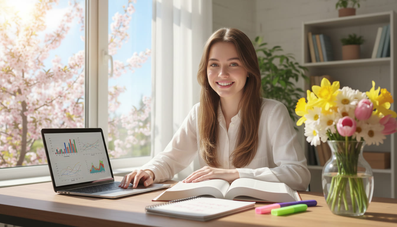Photo Idea : A student at a sunlit desk with textbooks, a laptop, a notebook, and spring flowers visible through the window