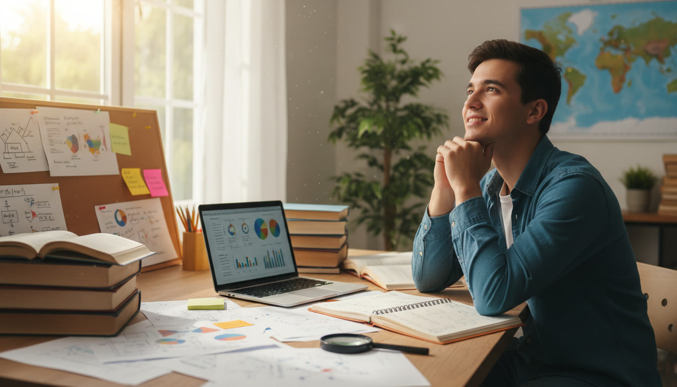 Photo Idea : A student at a desk surrounded by research notes, a laptop, and an open lab notebook, looking thoughtful