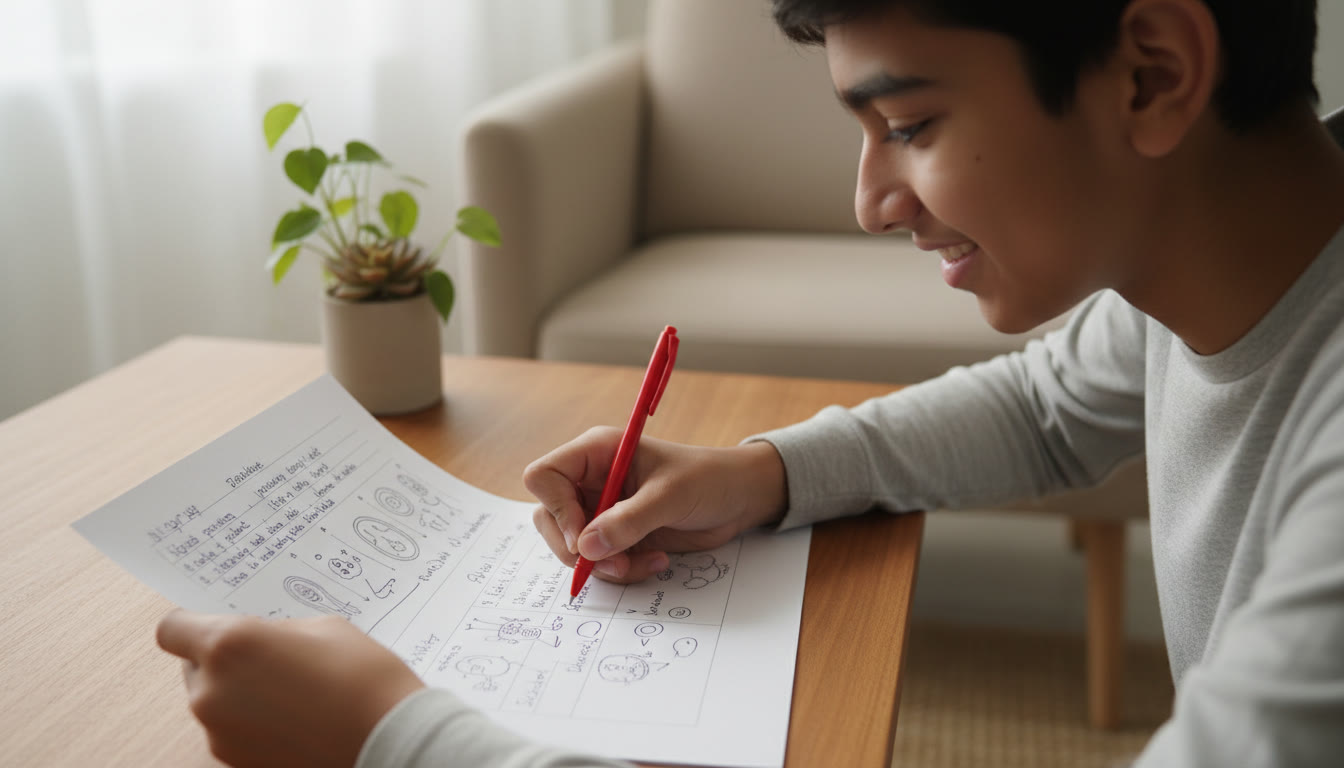 Photo Idea : Close-up of a student annotating a mock answer sheet with a red pen, practicing handwriting and diagrams