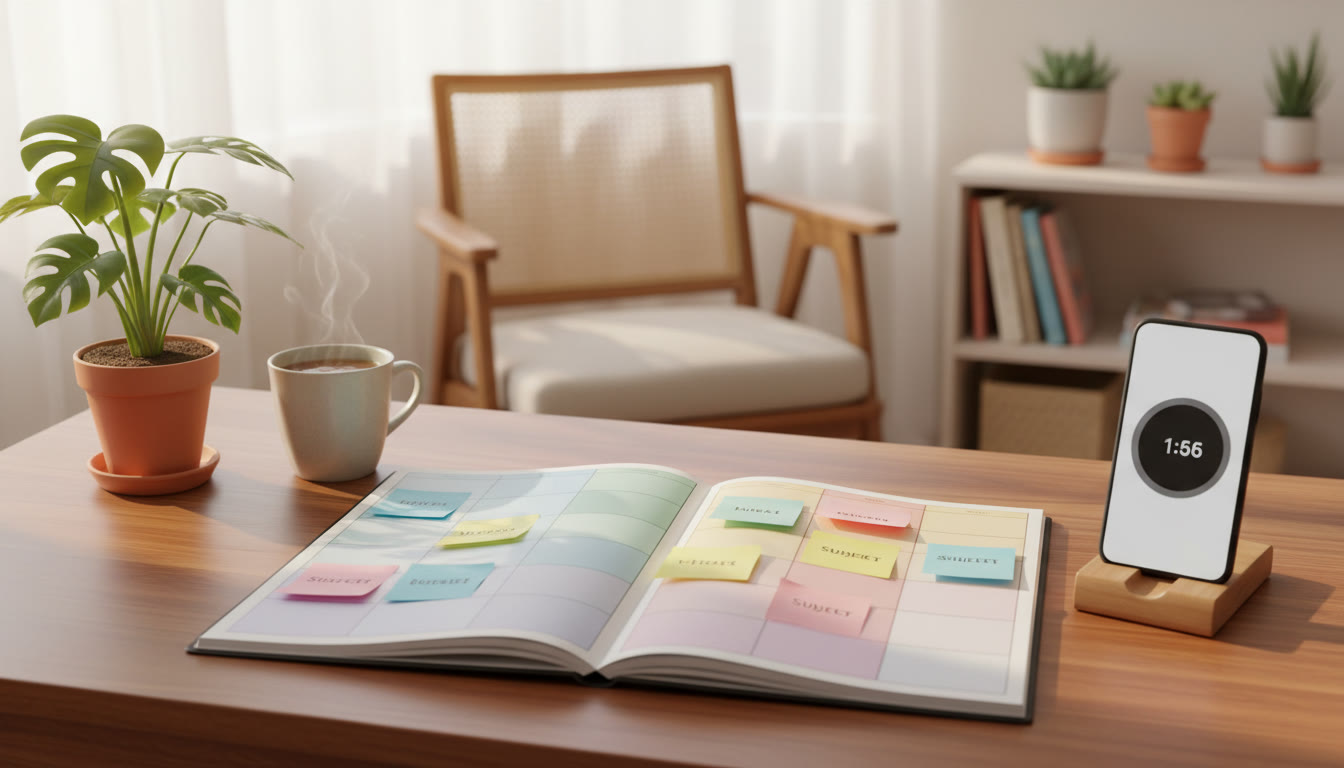 Photo Idea : A colorful weekly planner on a desk with subject-wise sticky notes and a phone timer