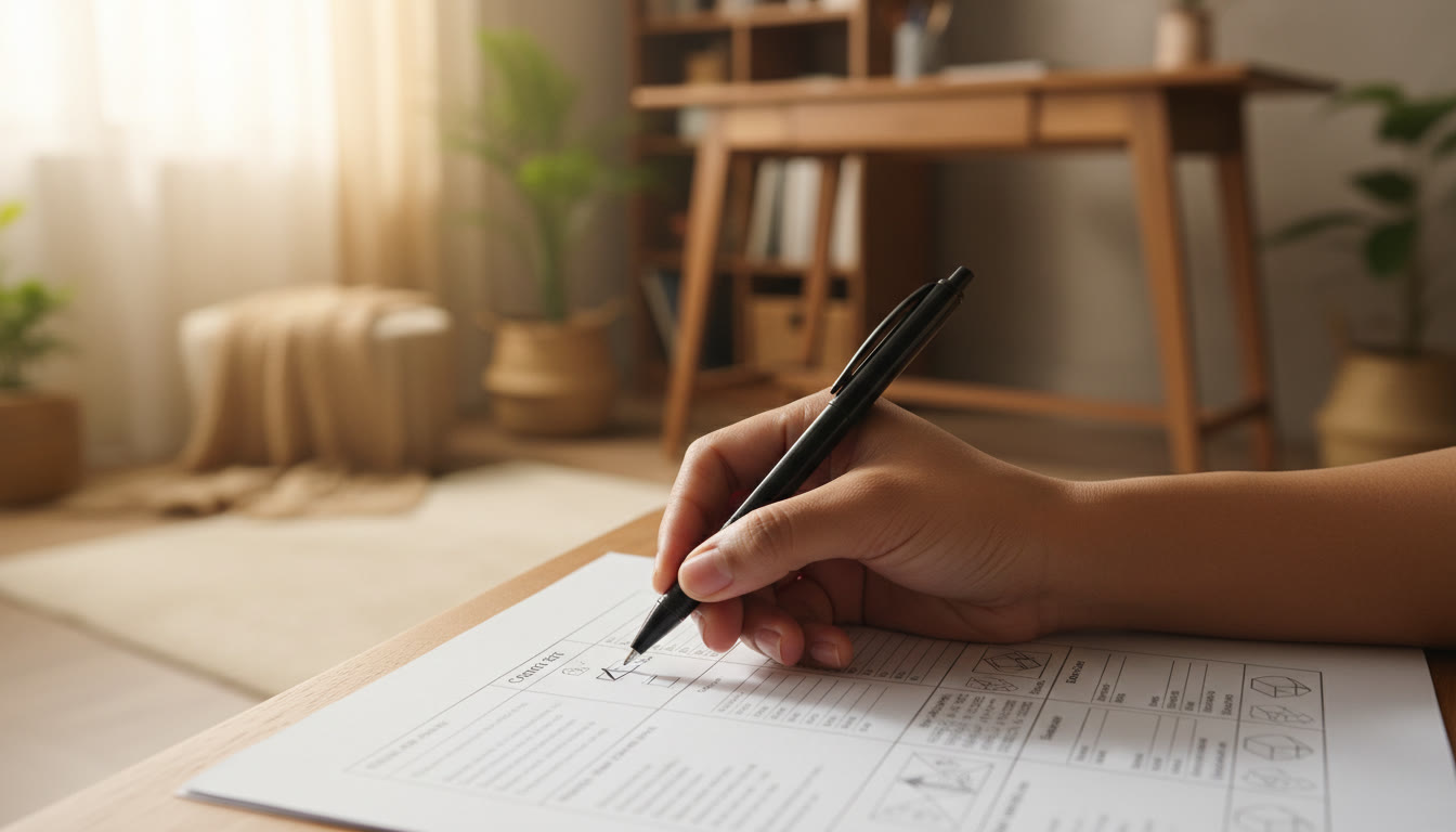 Photo Idea : Close-up of a hand ticking off a study checklist next to a printed mock test paper and a pen