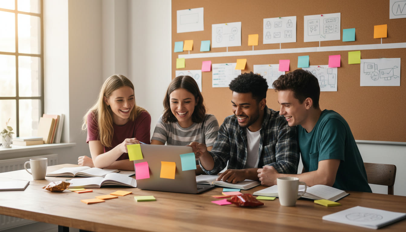 Photo Idea : Group of students discussing revision notes around a laptop with sticky notes and a timeline on the wall