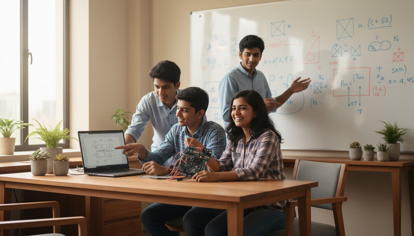 Photo Idea : Students in a lab discussing a project with a laptop, circuit board, and whiteboard sketches.