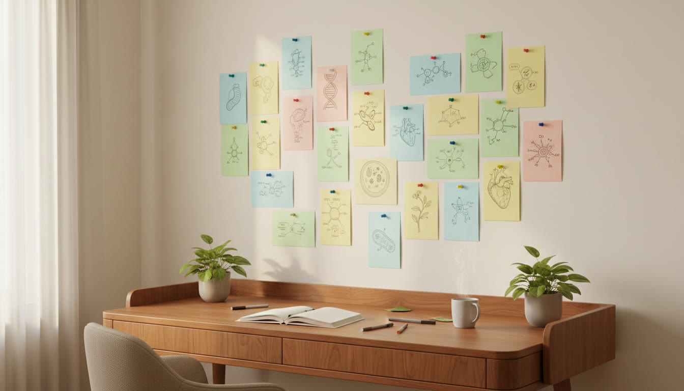 Photo Idea : A colorful table of concise revision cards for Biology pinned on a study wall
