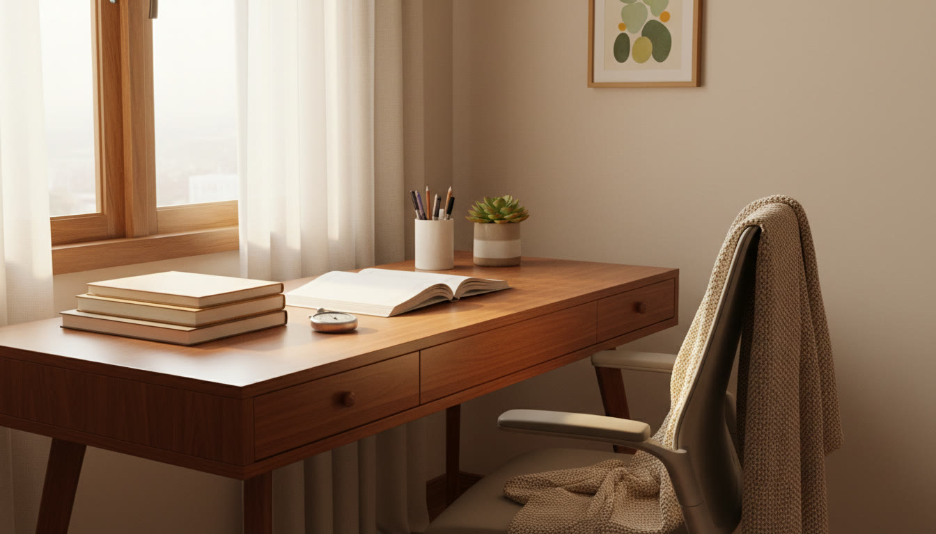 Photo Idea : A quiet early-morning study desk with neatly arranged notebooks, a stopwatch, and warm sunlight through a window