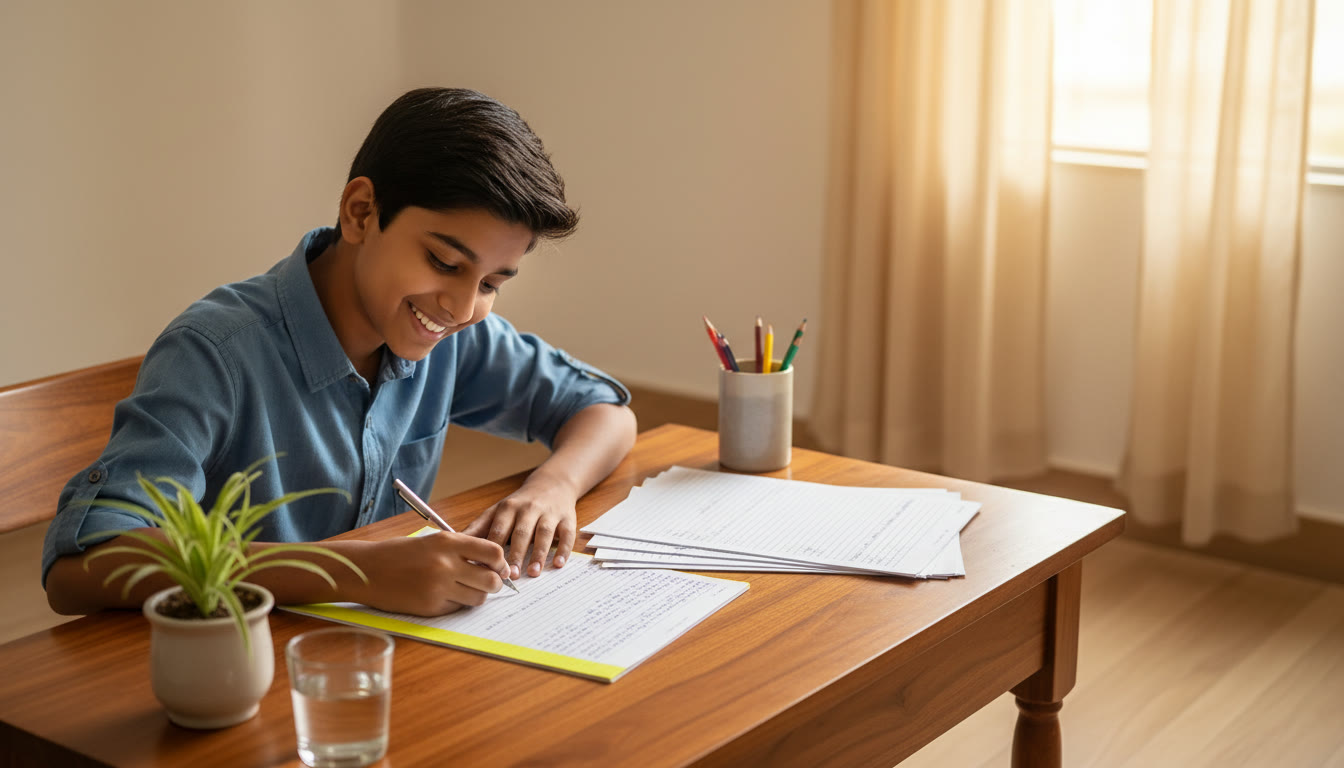 Photo Idea : Student writing neatly at a desk with a highlighted margin and a clean answer sheet