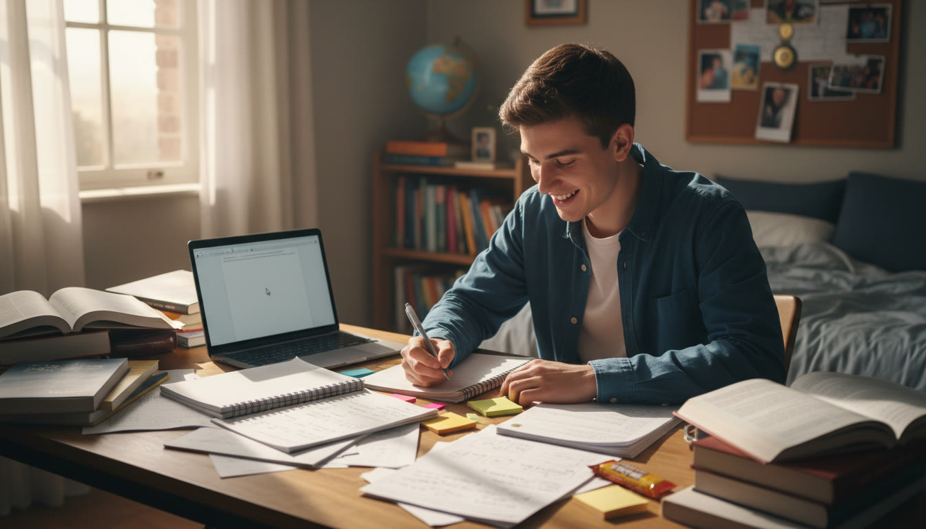 Photo Idea : Student at a desk surrounded by IB notes and textbooks, drafting a personal statement