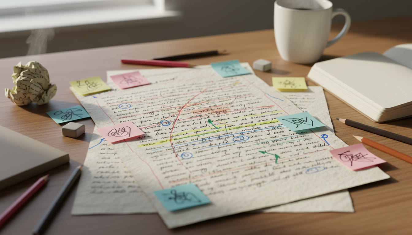 Photo Idea : Close-up of an annotated essay draft with colored edits and sticky notes